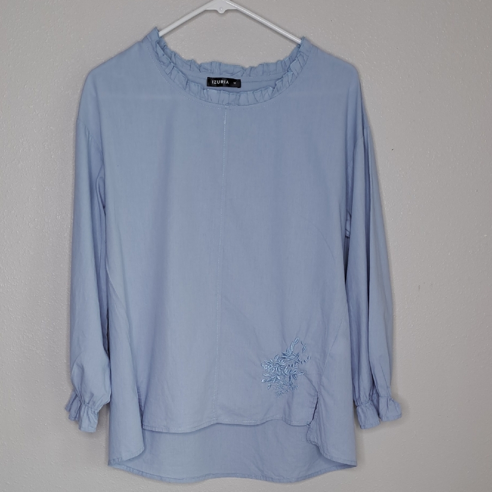 Izuria Floral Cotton Embroidered Ruffle-Neck Top Medium Long Sleeve Blue Tunic